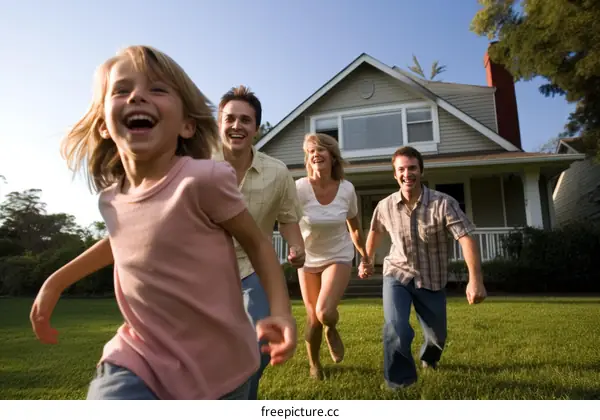 Happy family of four running on the grass in front of their house