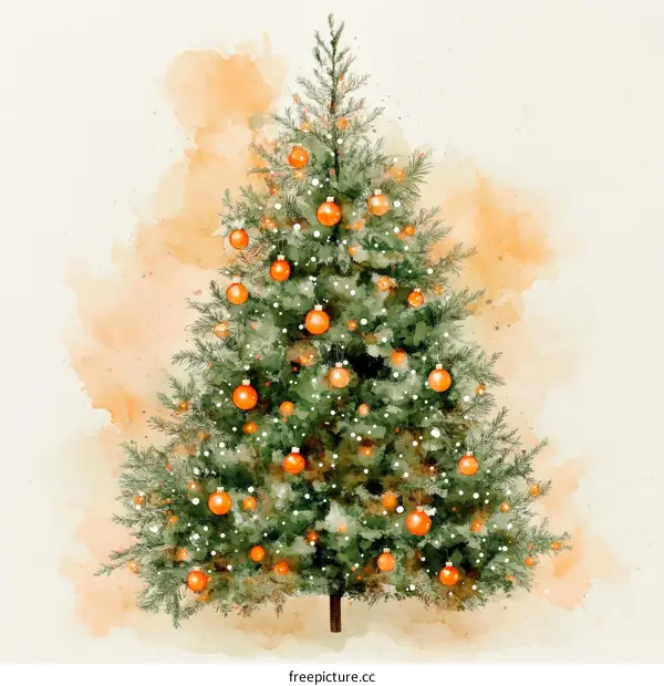 Watercolor Christmas Tree Illustration with Orange Ornaments