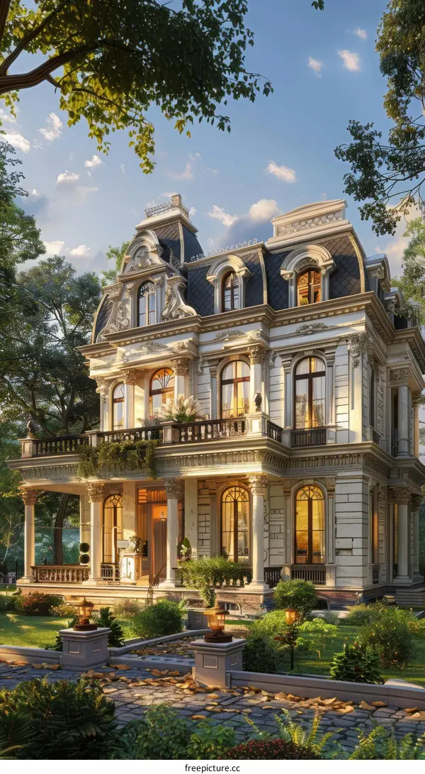 European-style classical mansion with lush garden