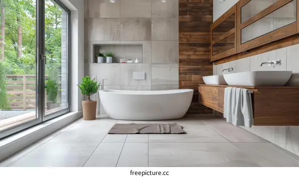 Modern Bathroom with Wooden Accents and Large Windows