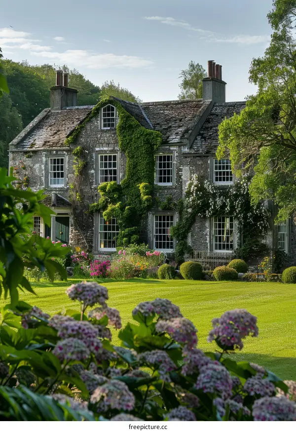 A beautiful stone cottage with a garden full of flowers