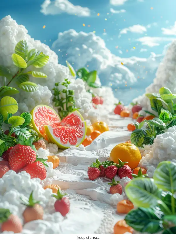 Surreal Whimsical Food Landscape with Strawberries, Grapefruit, and Oranges