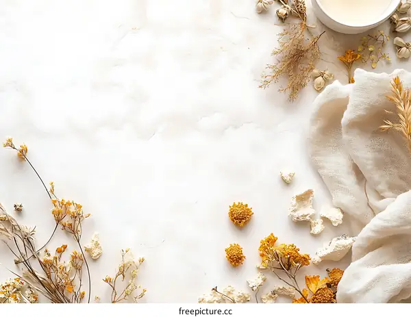 Dried Flowers and Fabric on White Marble Background