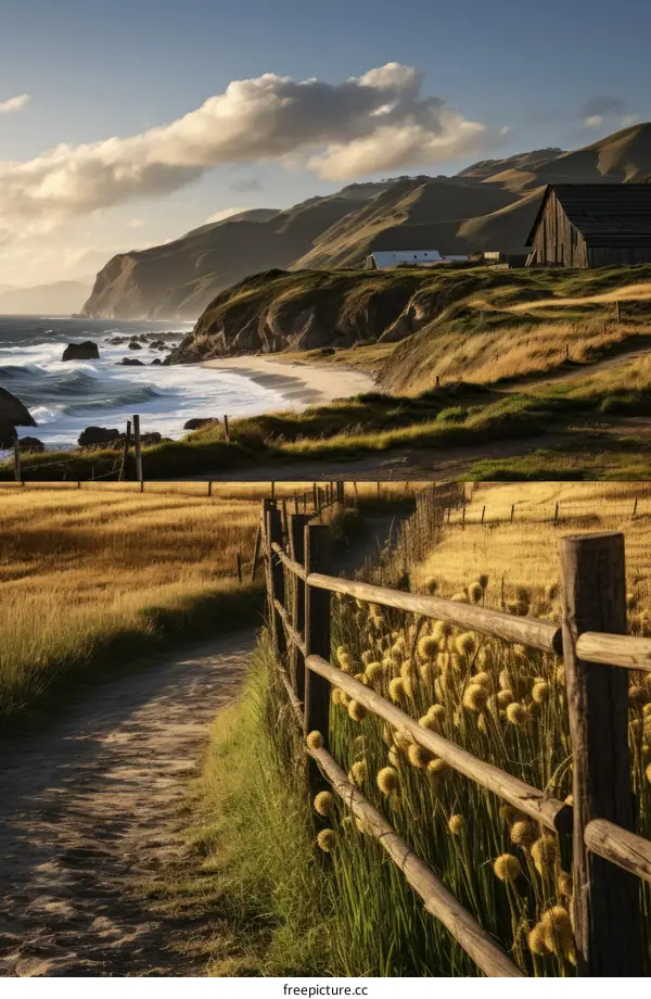 Stunning landscape of a golden wheat field and a wooden fence in the countryside