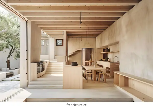 Minimalist Interior Design Kitchen With Wood Beams