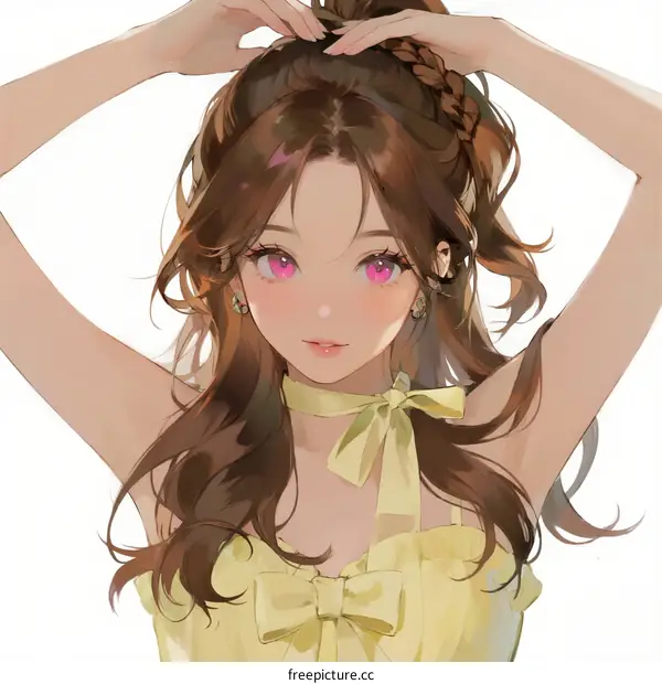 A Young Woman with Long Brown Hair Wearing Yellow Dress