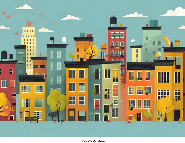 Colorful Cityscape Illustration with Buildings and Birds