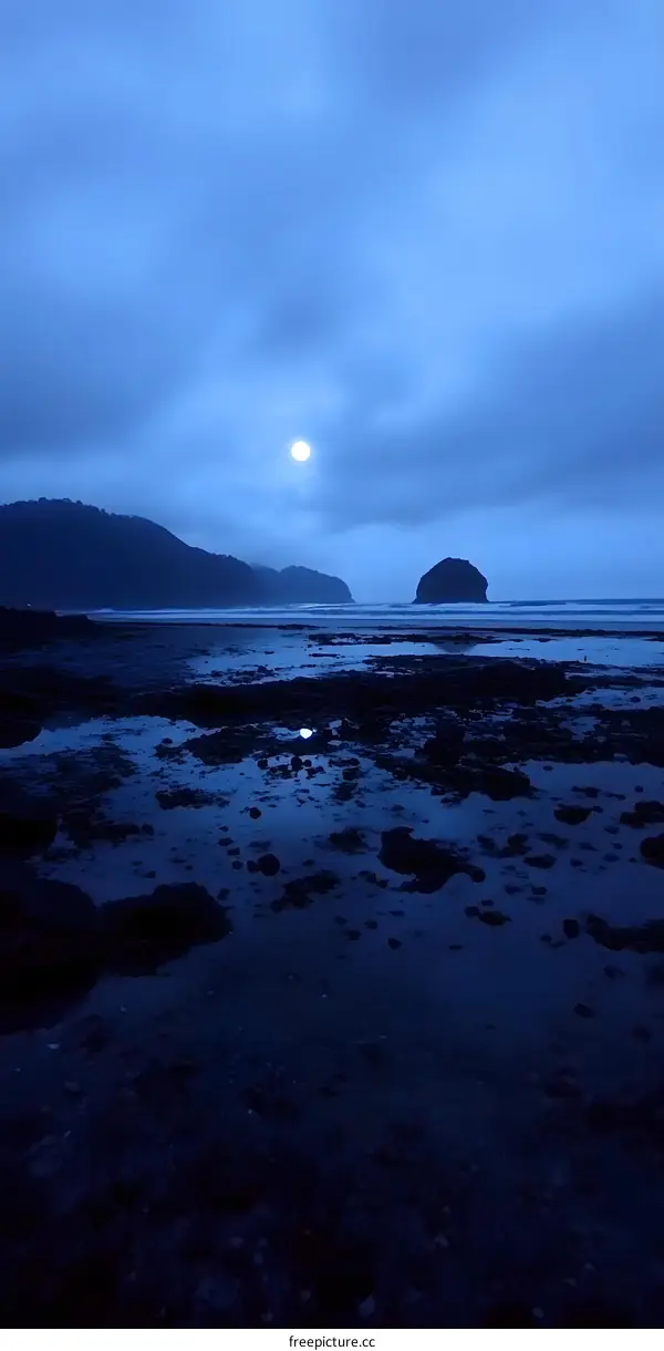 Blue Hour Seascape with Rocky Beach and Distant Islands