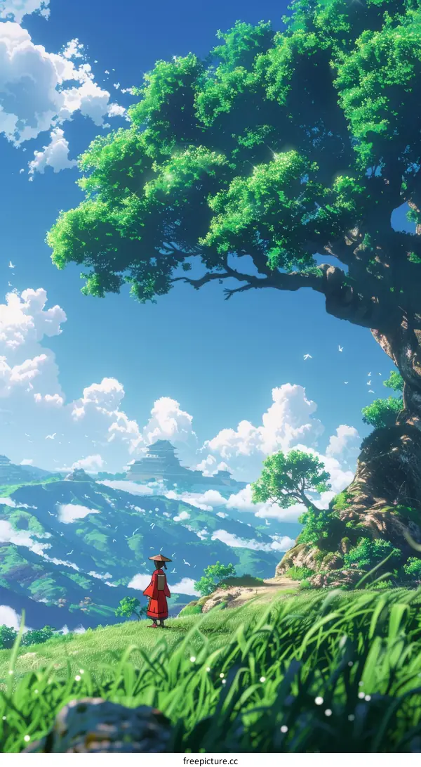 A samurai standing on a hilltop overlooking a valley