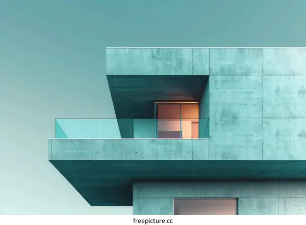 Glass Railing Balcony of Concrete Building with Pastel Blue Sky