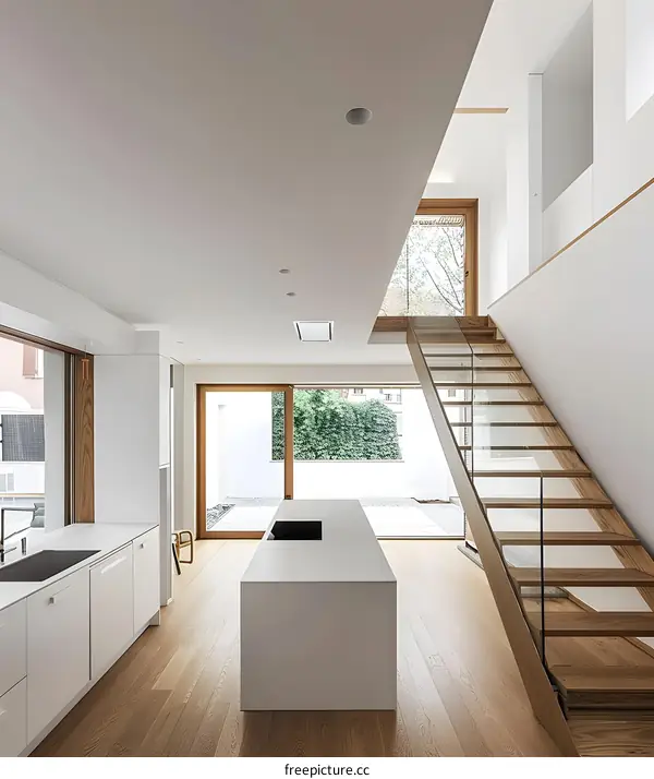 Modern Minimalist Kitchen Interior Design with Wooden Staircase