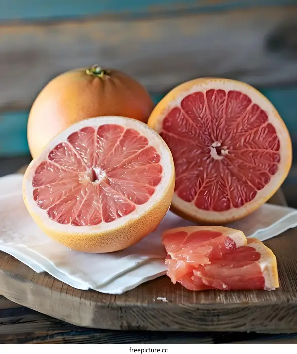 Freshly Sliced Grapefruit on Wooden Cutting Board