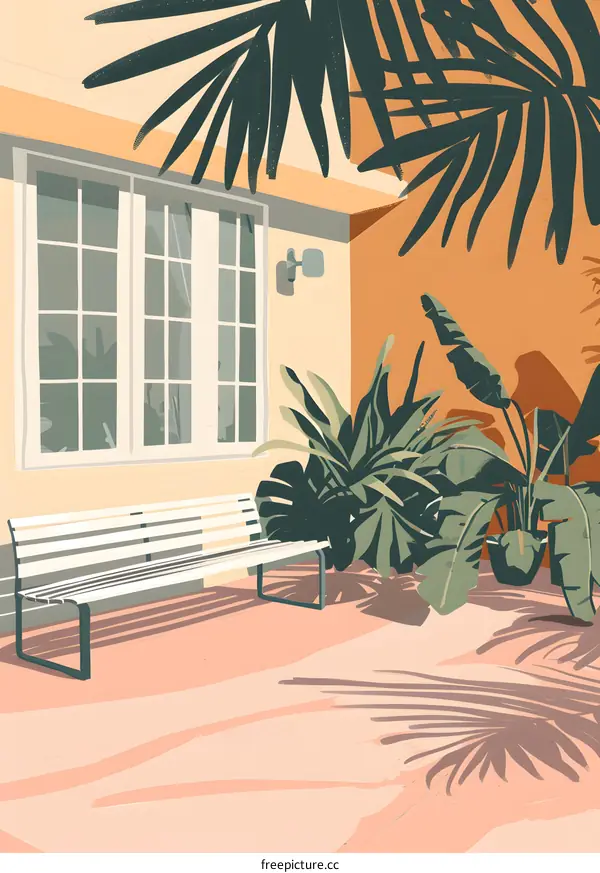 Tropical Garden Bench Illustration