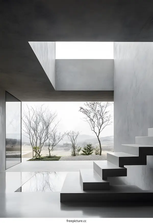 Modern Concrete Minimalist Architecture House Interior Design With Skylight