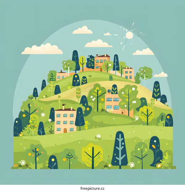 Cartoon illustration of a green hill with trees and houses