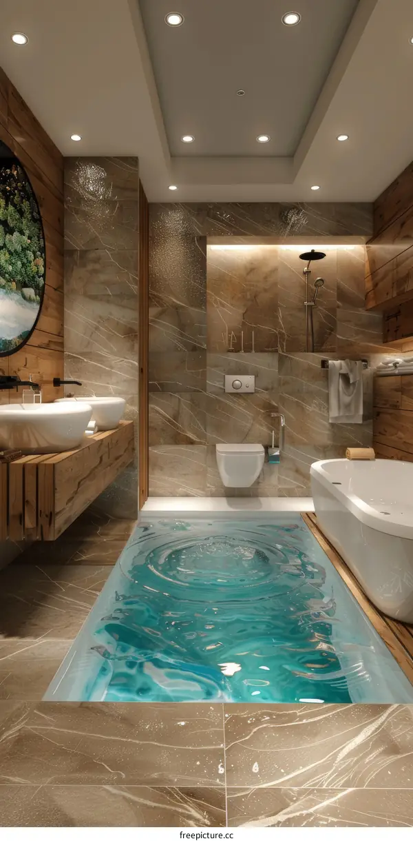 Modern Wooden Bathroom with Bathtub and Large Window