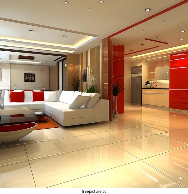 Modern Living Room Interior Design with White Sofa and Red Accents