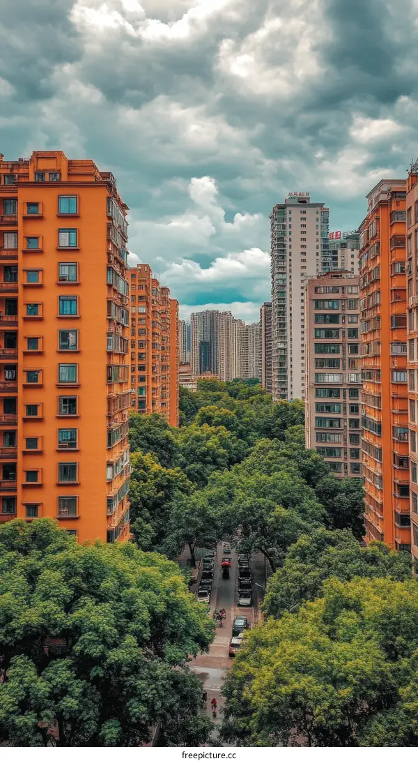 Cityscape with Lush Trees and Modern Buildings