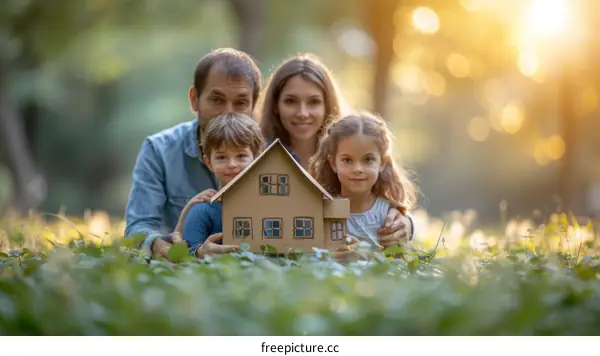 Happy family of four in the park with a cardboard house