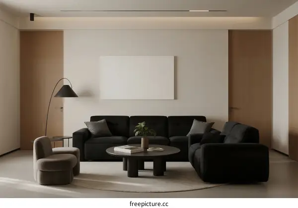 Modern living room with black sofa and wooden doors