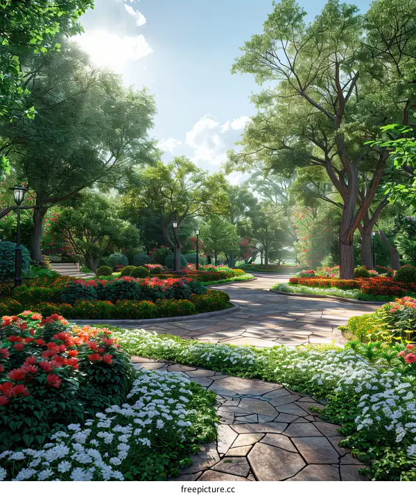 Scenic Park Pathway with Colorful Flowers