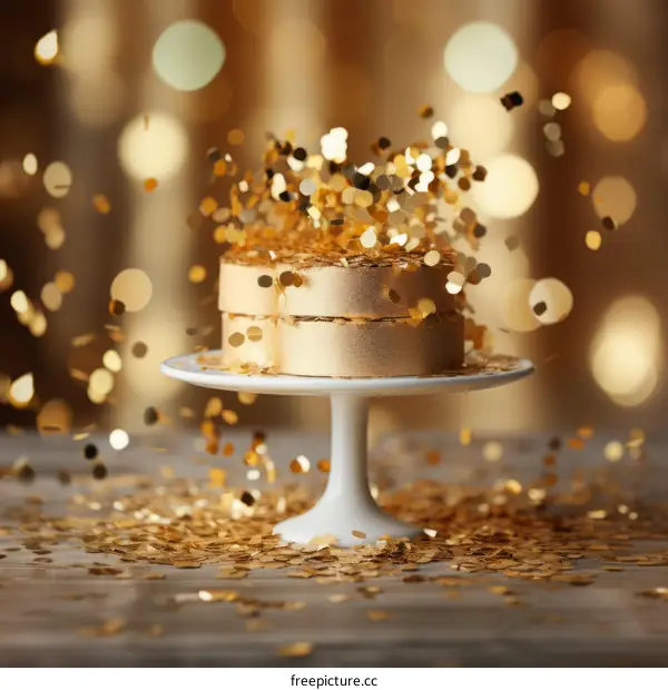 Celebration and luxury golden cake with golden confetti