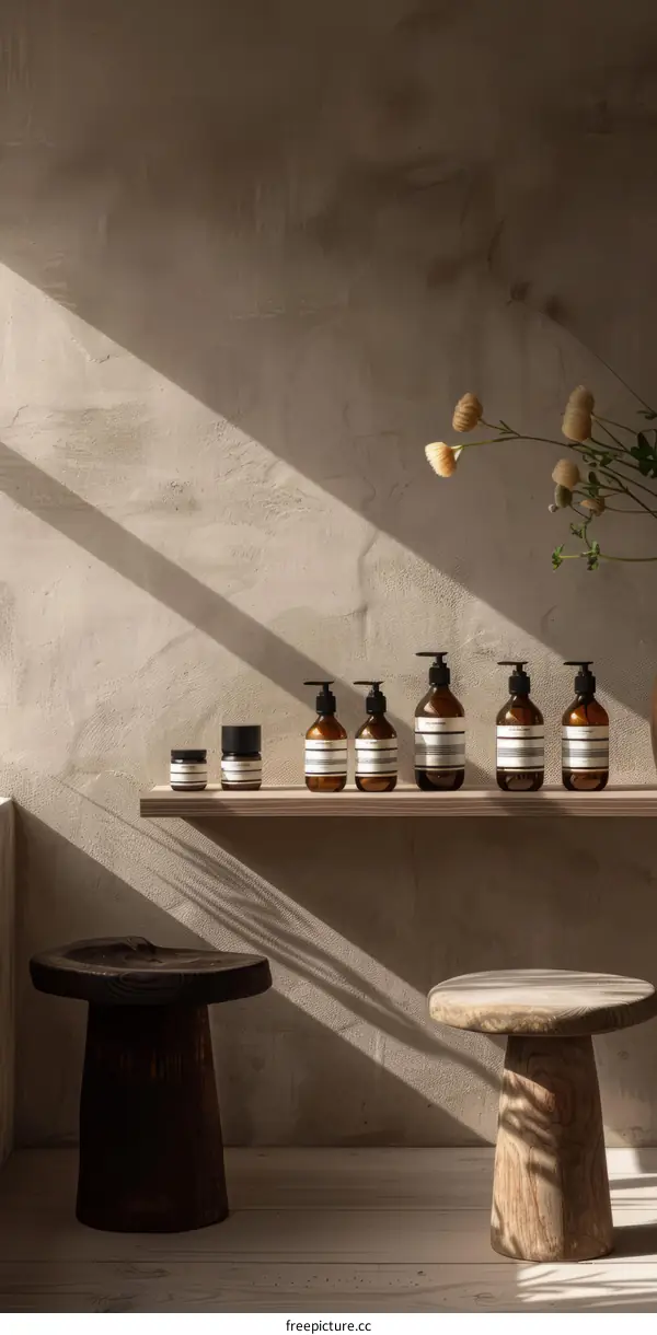Bath and body products displayed on a shelf with a wooden stool in front of it