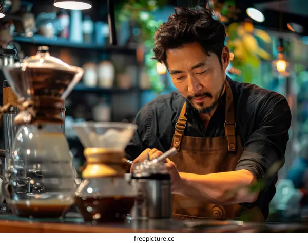 Asian barista making pour-over coffee