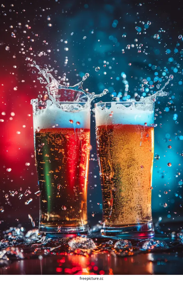 Two Foamy Glasses of Beer Splashing