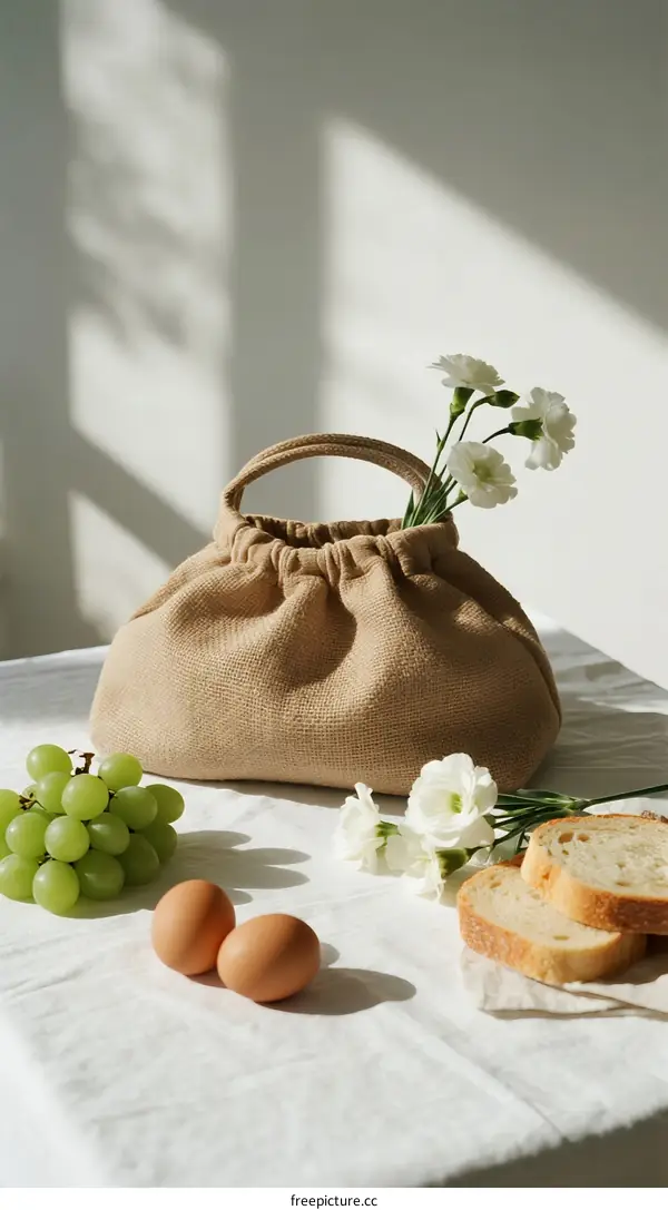 Linen bag with fresh fruits and bread on white tablecloth