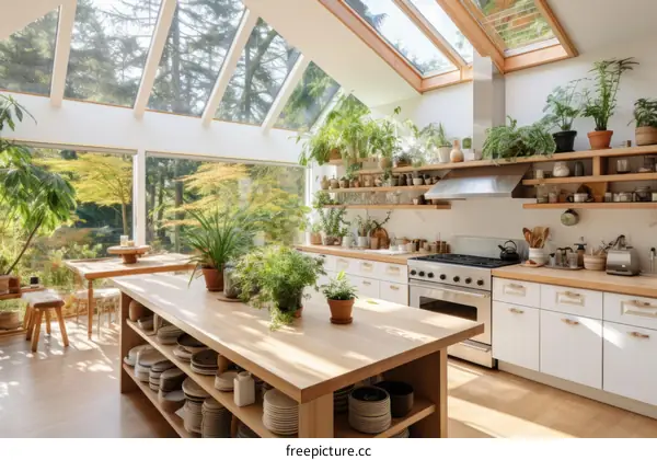 A Bright and Airy Kitchen with an Island and Plants