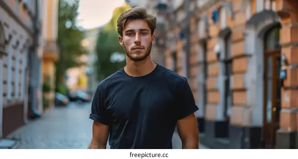 Handsome young man in black t-shirt standing on the street