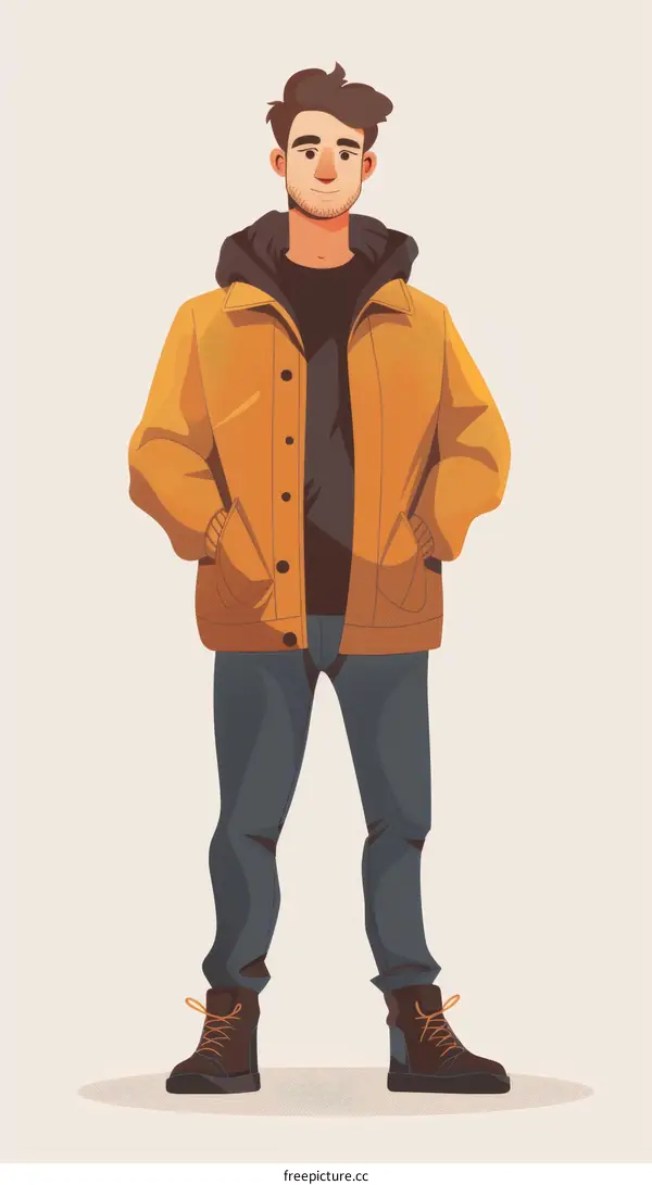 A man wearing a yellow jacket and blue jeans