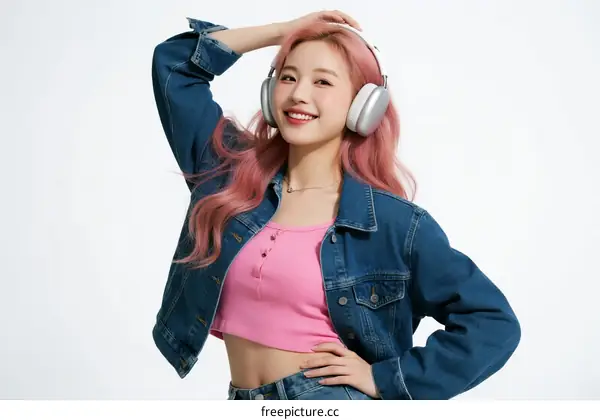 Pink Haired Woman Wearing Denim Jacket and Headphones
