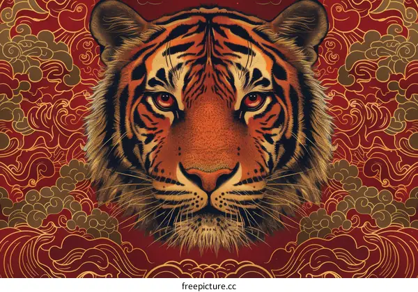 Illustration of a tiger's face with red and gold Chinese cloud patterns in the background