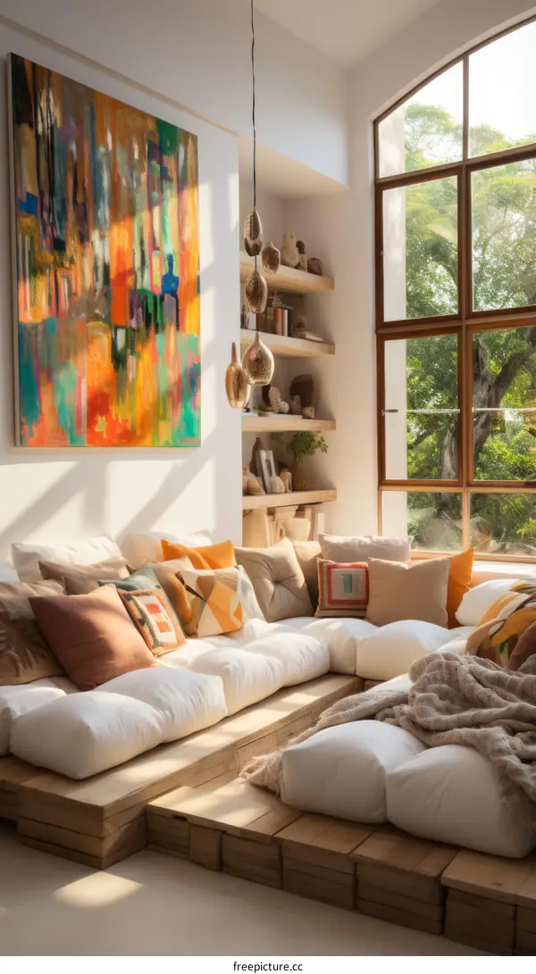 Spacious Modern Living Room with Colorful Painting and Ample Natural Light