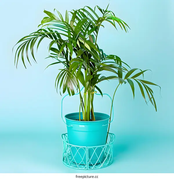 Green Plant in a Blue Pot on a Turquoise Background