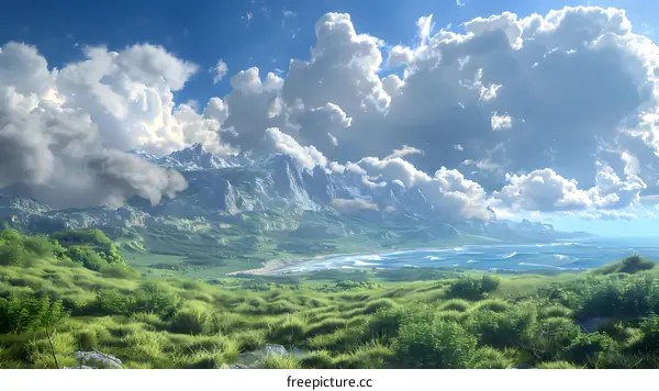 Mountain Landscape With Clouds And Green Grass