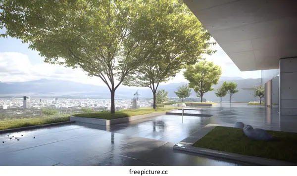 Modern Architecture Rooftop Garden With City View