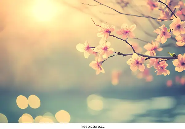 Pink Cherry Blossoms Branch In Blurred Background