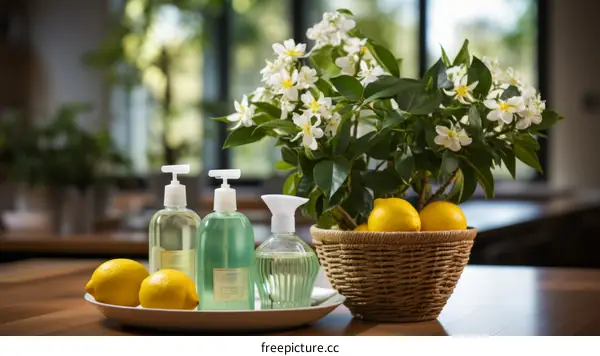 Still life of a lemon tree and cleaning products