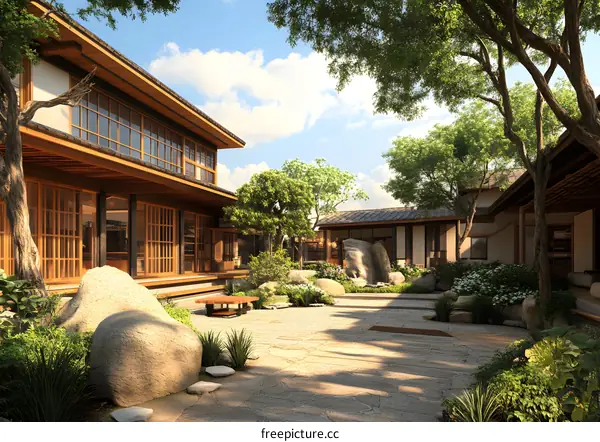 Japanese Style Garden With Wooden House And Stone