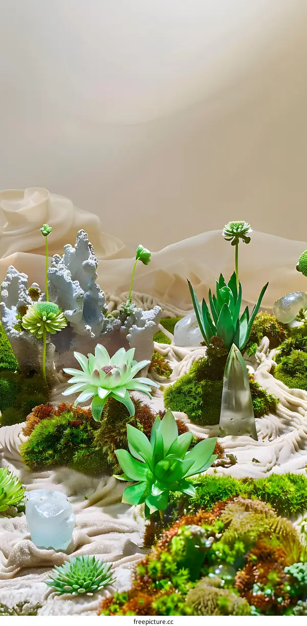 Green Plants and Rocks on Sand with Beige Background