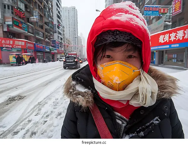 Woman Wearing a Yellow Mask and a Red Hood in a Snowy Street
