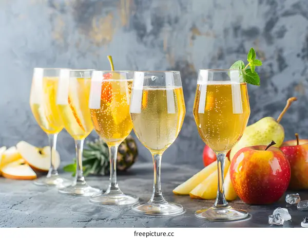 Sparkling Apple Cider in Glasses with Fruit Garnish