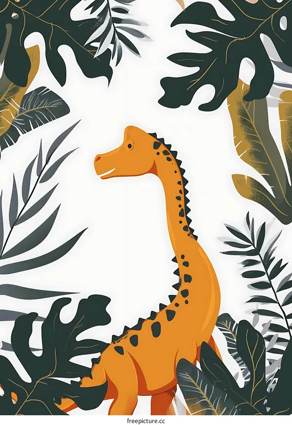 Cute Orange Dinosaur Illustration With Tropical Leaves