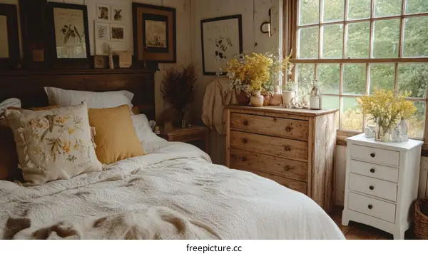 Rustic Farmhouse Bedroom with Yellow Flowers