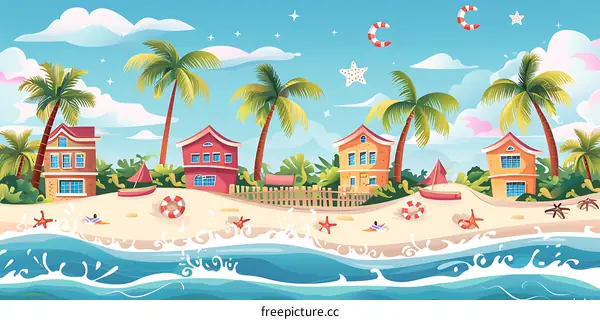 Summertime Beach Houses with Palm Trees and Ocean