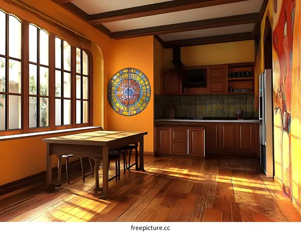 Kitchen Interior Design With Wooden Furniture And Tile Backsplash