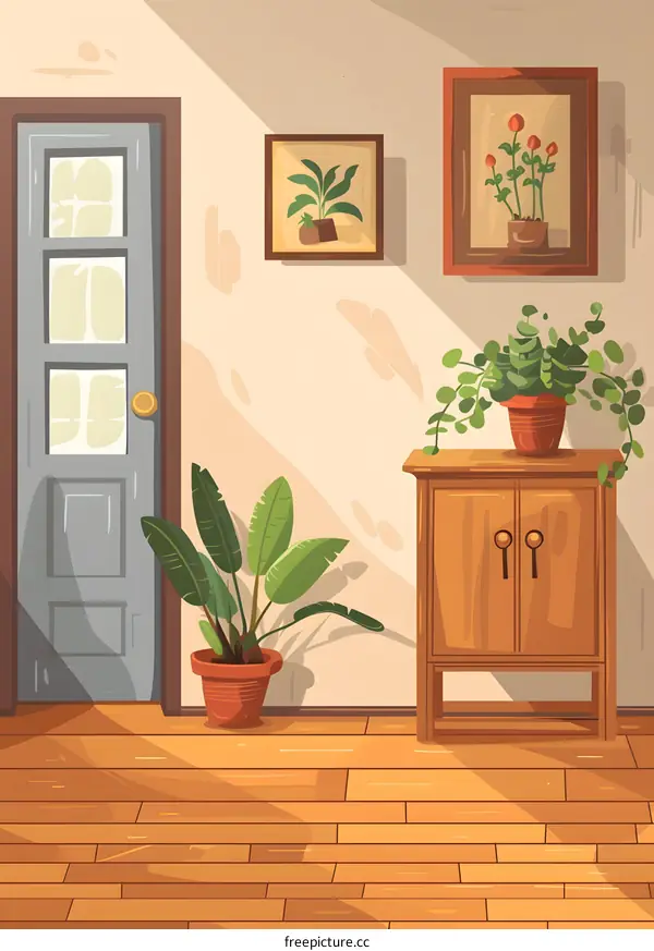 Home Interior with Plants and Wooden Cabinet